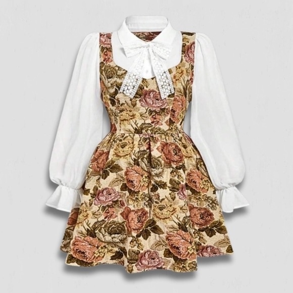 Tapestry Cottagecore Renaissance Cosplay Dress Heirloom Floral Multicolor sz L - Picture 1 of 13